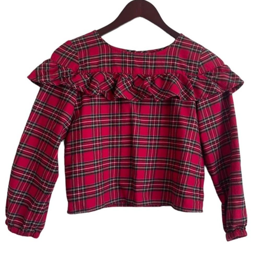 Copper Key Girls Cottagecore Academia Plaid Ruffle Blouse L Red Long Sleeve